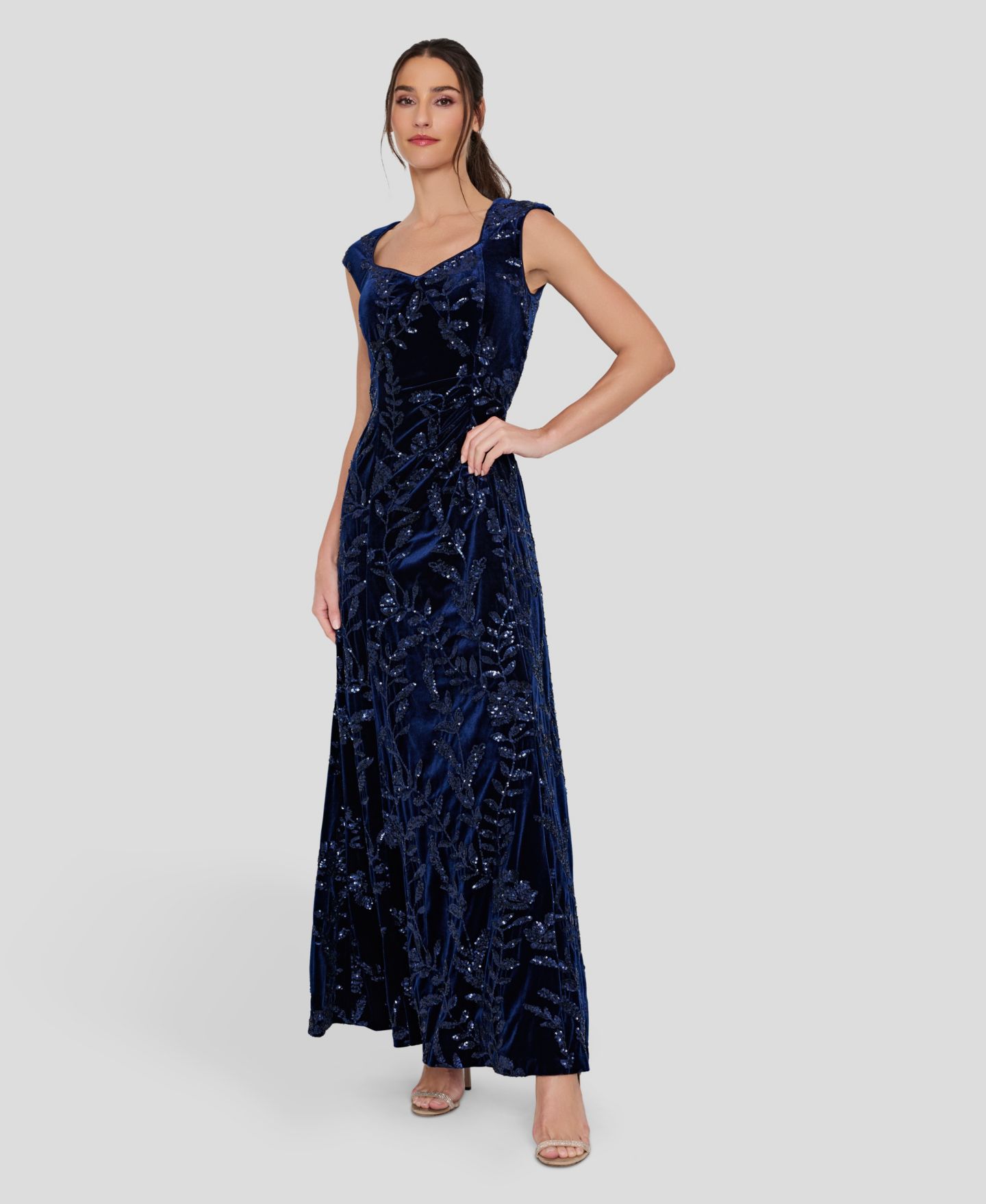 Женское платье Tahari ASL Floral-Print Sequin Velvet Gown, цвет: Тёмно-синий — фото 6