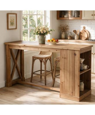 63" Solid Wood Bar Table, Kitchen Island with Storage