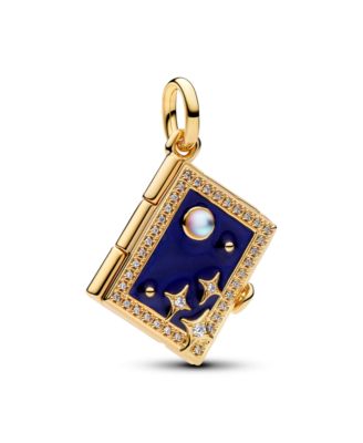 14k Gold-Plated Cubic Zirconia, Blue Enamel and Glass Magic Book Engravable Dangle Charm