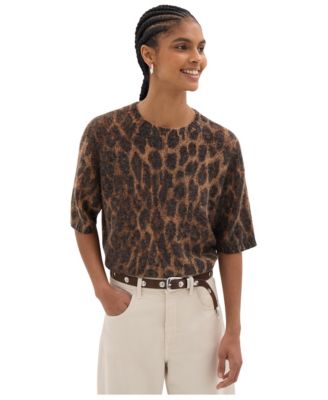 Women's Maple Leopard Print Short-Sleeve Crewneck Knitted Top