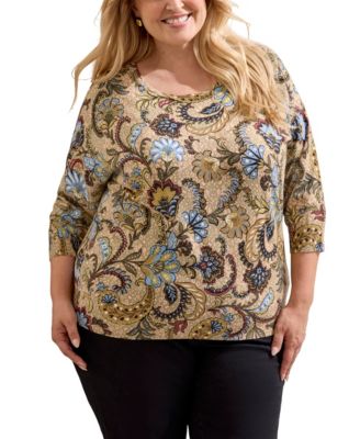 Plus Size Paisley Drop-Shoulder 3/4-Sleeve Crewneck Top