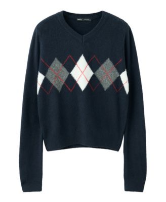 Women's Plus Size Diamond-Pattern Long-Sleeve V-Neck Sweater
