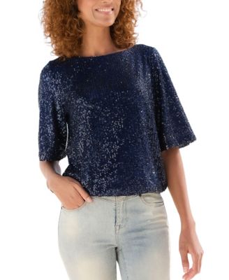 Women's Allover-Sequin Boat-Neck Elbow-Sleeve Top