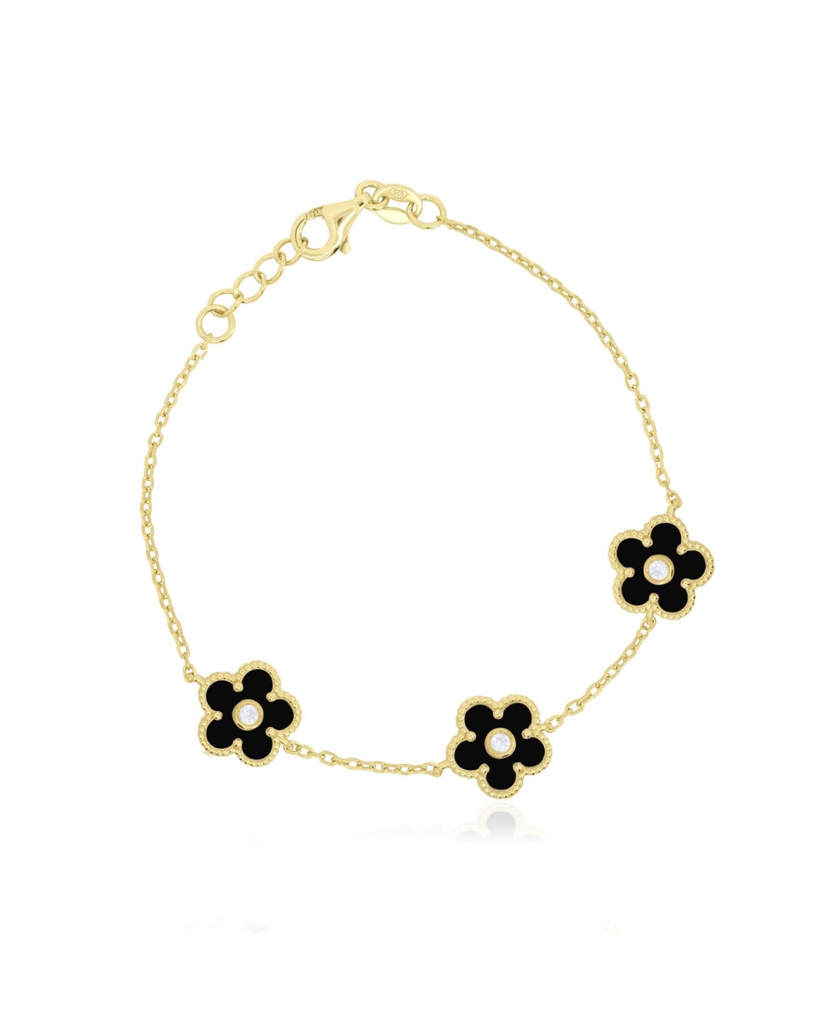 The Lovery Onyx Flower Trio Adjustable Chain Bracelet in 14K Gold-Plated Sterling Silver - Gold plated sterling silver