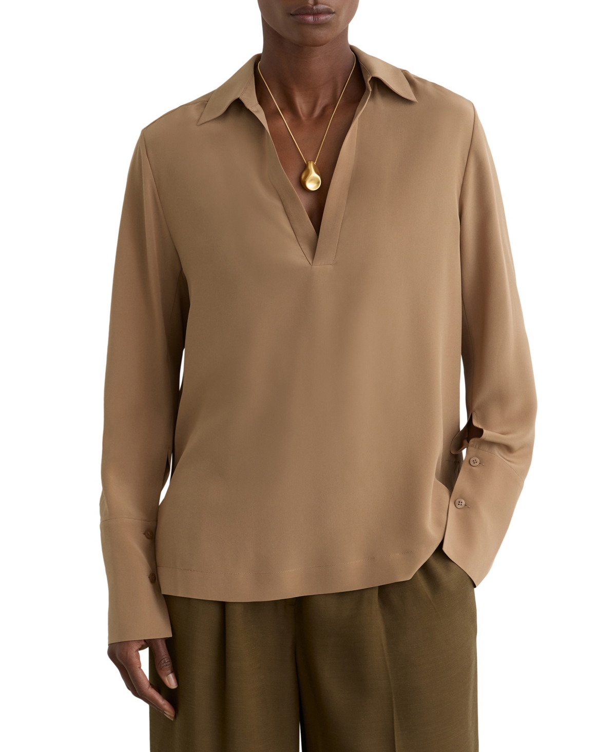 Reiss Women's Maria Open-Collar Long-Sleeve Silk Blouse - Camel
