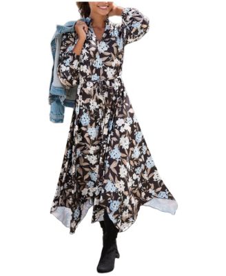 Women's Floral Handkerchief-Hem V-Neck Long-Sleeve Midi Dress