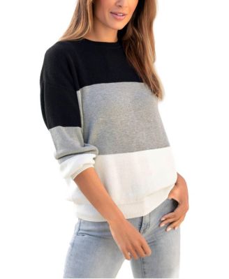 Women's Color Block Ribbed Long-Sleeve Crewneck Cotton-Blend Sweater