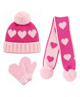 Girls' Hearts Pom Pom Hat, Mittens and Scarf, 3-Piece Set