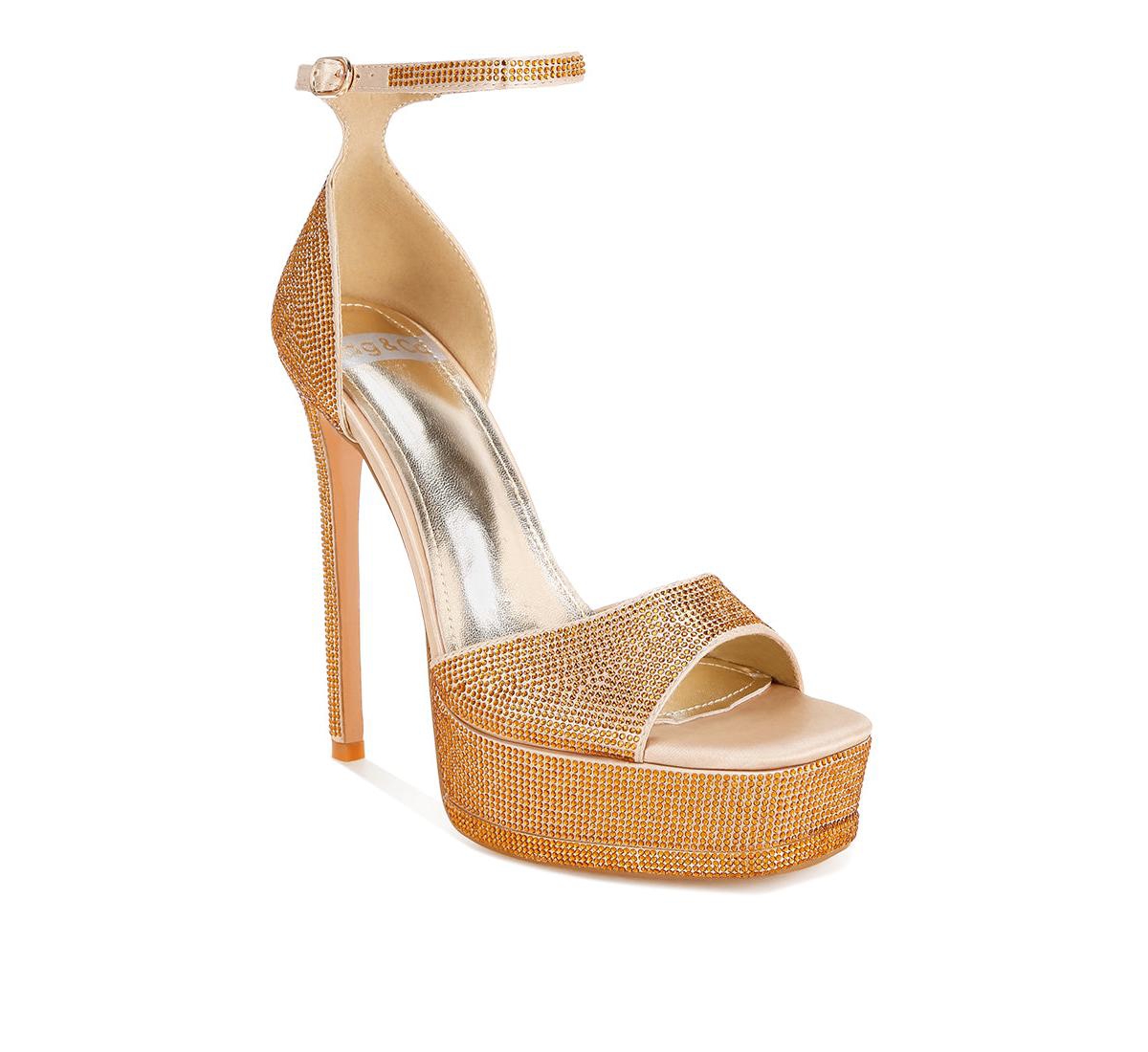 Rag & Co Womens Alaya Rhinestones High Stiletto Heel Sandals - Gold satin