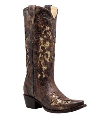Women's Aurora Mid-Calf Pointed-Toe Laser-Cut Floral with Gold-Tone Accents Cowboy Boots