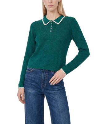 Women's Pointelle Knit Long Sleeve Trim Polo Sweater