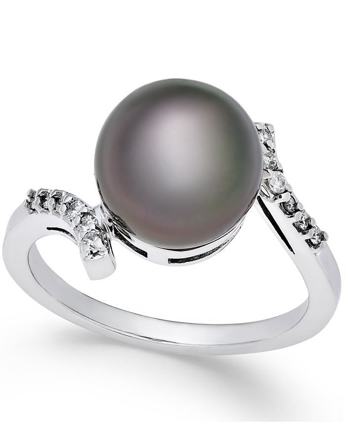 Macy's Cultured Tahitian Pearl (10mm) and Diamond (1/10 ct. t.w.) Ring ...