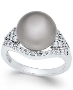 image of Cultured Tahitian Pearl (11mm) and Diamond (5/8 ct. t.w.) Ring in 14k White Gold