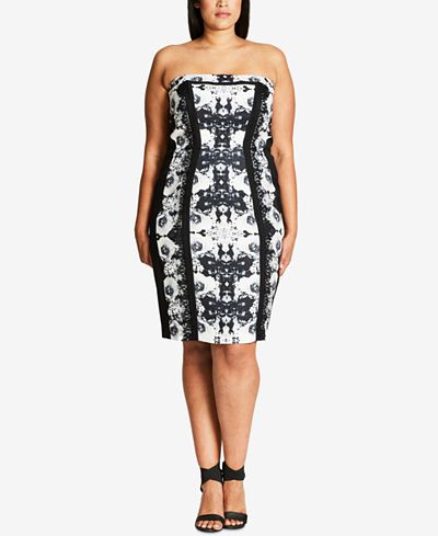 City Chic Trendy Plus Size Printed Strapless Sheath Dress