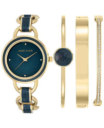 Anne Klein Women's Gold-Tone and Navy Marble Enamel Bracelet Watch & Bracelets Set 34mm AK-2750NVST