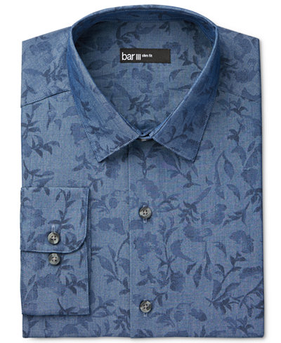 Bar III Men's Slim-Fit Indigo Leaf Print Dress Shirt, Only at Macy's