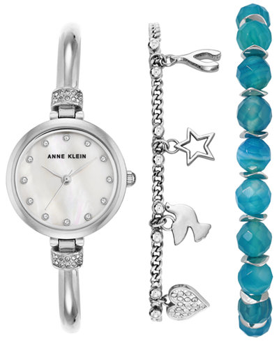 Anne Klein Women's Silver-Tone Bangle Bracelet Watch & Bracelets Set 26mm AK-2841BAGT