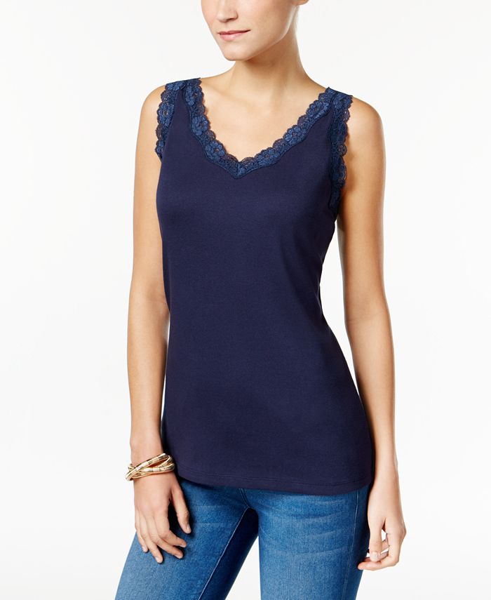 Karen Scott Lace Trim Tank Top In Regular Petite Sizes Created