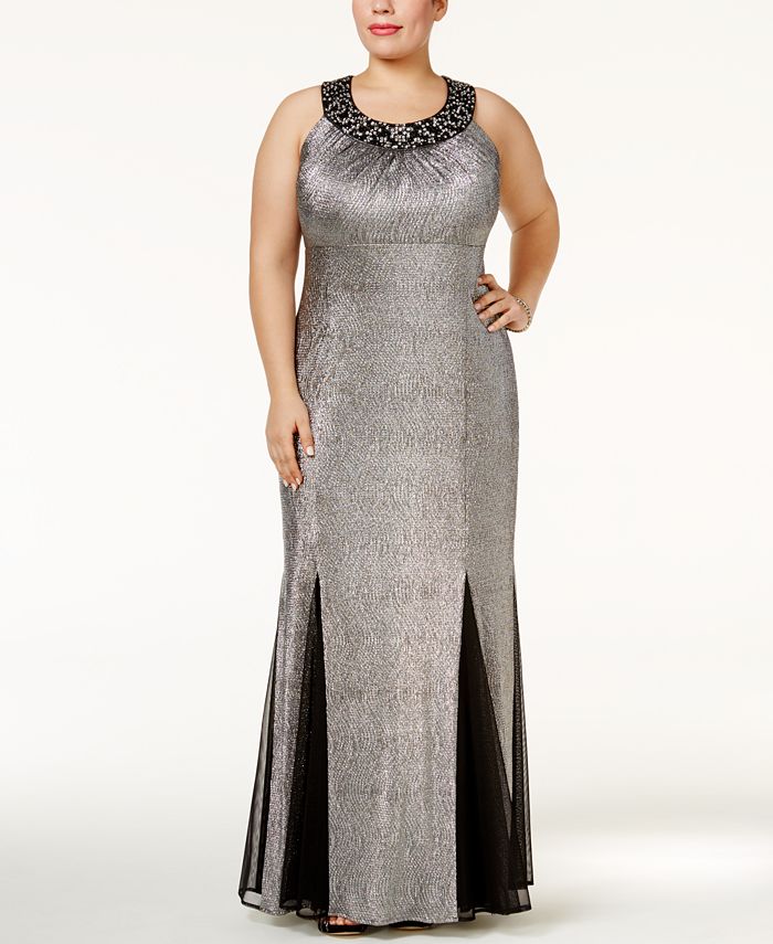 R & M Richards Plus Size Beaded Metallic Pleated Gown - Macy's