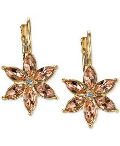 2028 Gold-Tone Peach Crystal Flower Drop Earrings