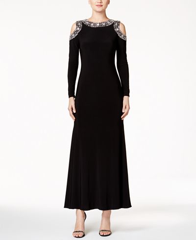 Betsy & Adam Petite Embellished Cold-Shoulder Gown