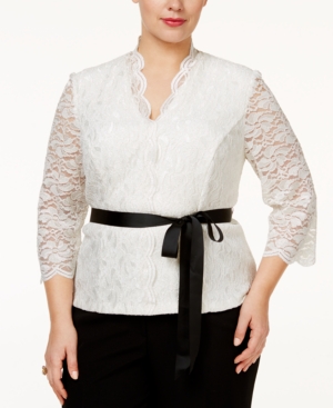 Alex Evenings Plus Size Belted Glitter Lace Blouse