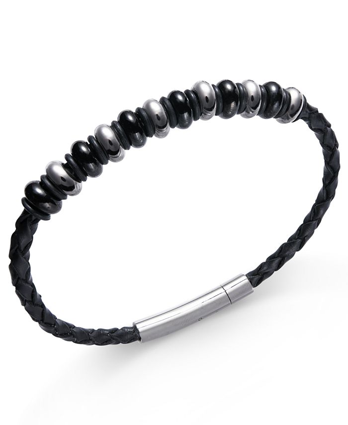 Sutton by Rhona Sutton - Men's Stainless Steel Multi-Bead Leather Bracelet