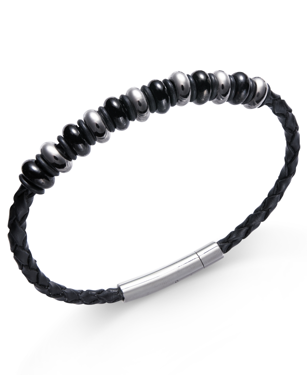 Men's Stainless Steel Multi-Bead Leather Bracelet - Black