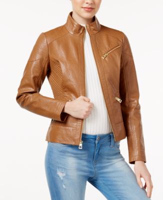 GUESS Ribbed Faux-Leather Jacket - Coats - Women - Macy's