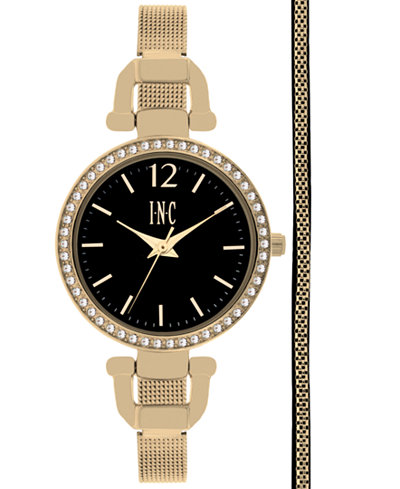 INC International Concepts Women's Gold-Tone Stainless Steel Mesh Bracelet Watch & Bracelet Box Set 32mm IN014G, Only at Macy's