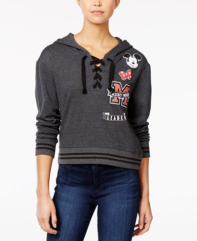Hybrid Juniors' Disney Mickey Mouse Lace-Up Cropped Hoodie