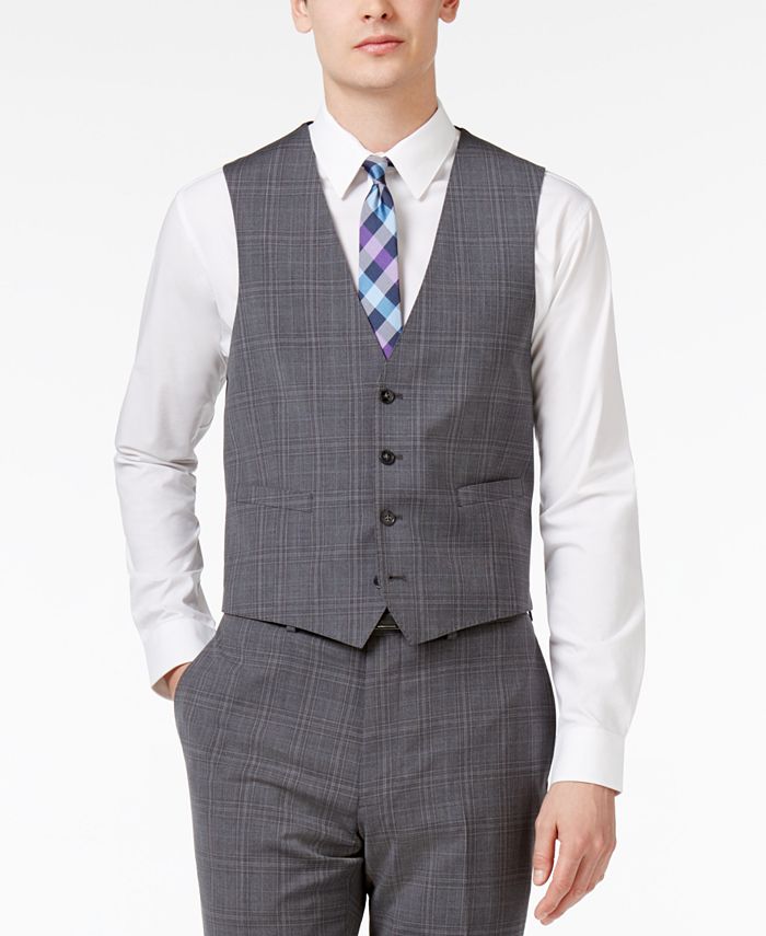 Calvin Klein Men's Modern-Fit Gray and Blue Plaid Windowpane Vested ...