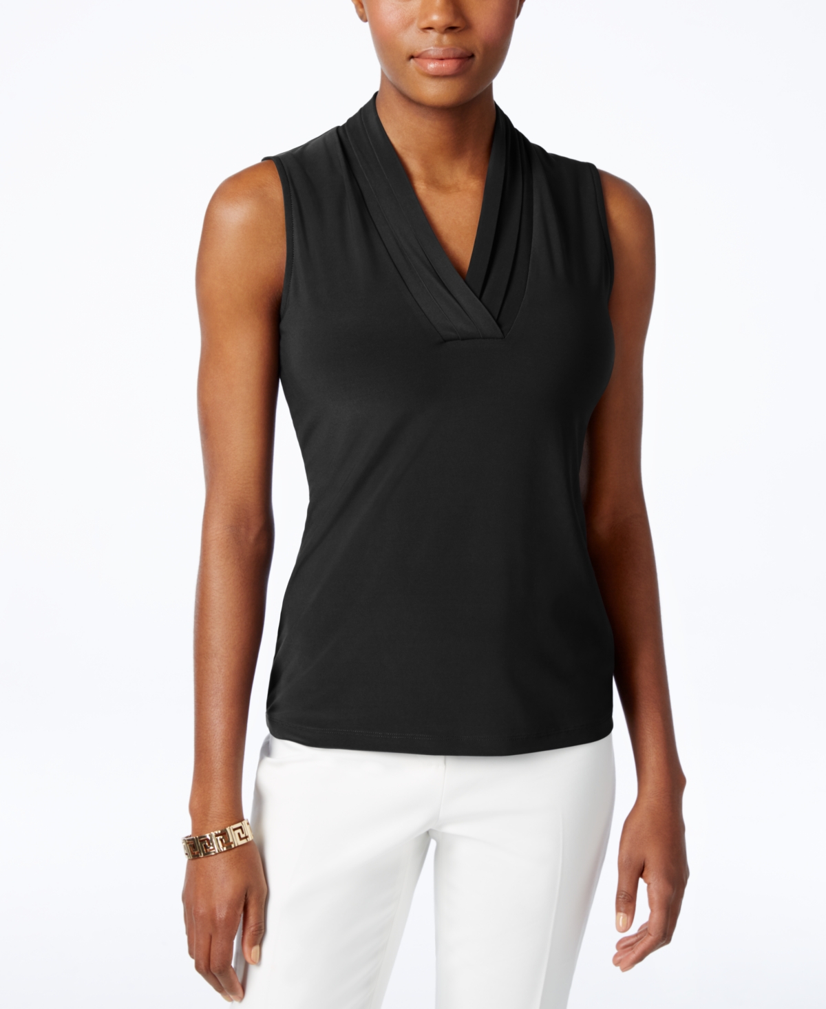 Shop Anne Klein Petite Pleated V-neck Top In Black