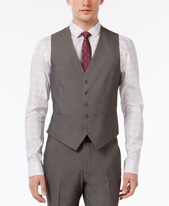 Perry Ellis Men's Slim-Fit Portfolio Gray Herringbone Vested Suit ...