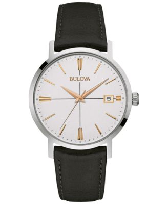 Bulova Men's Black Leather Strap Watch 39mm 98B254