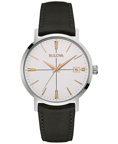 Bulova Men's Black Leather Strap Watch 39mm 98B254