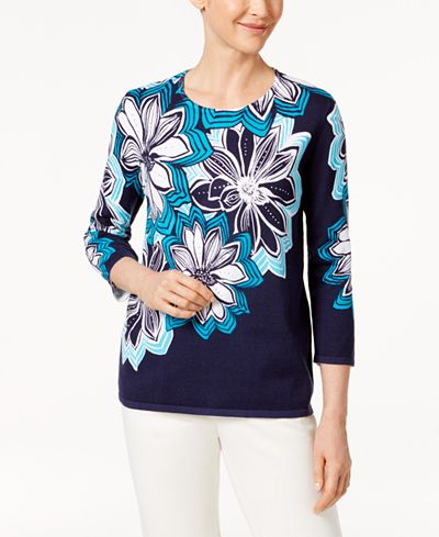 Alfred Dunner Scenic Route Cotton Floral-Print Sweater