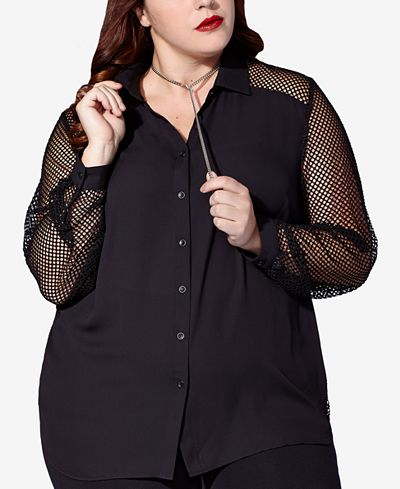 MBLM by Tess Holliday Trendy Plus Size Fishnet-Sleeve Shirt