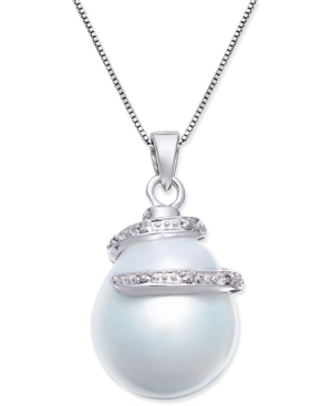 image of Cultured White South Sea Pearl (13mm) and Diamond Accent Pendant Necklace in 14k White Gold