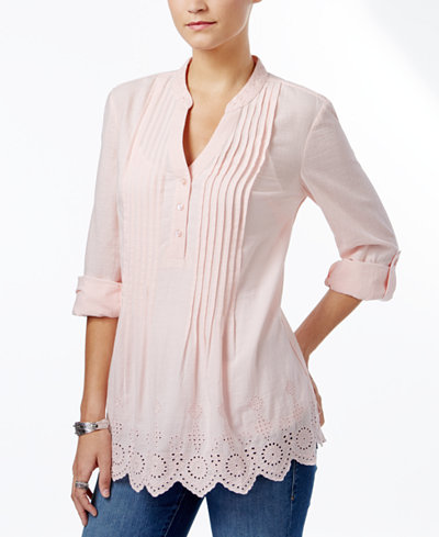 Style & Co Cotton Pleated Eyelet-Hem Top, Only at Macy's