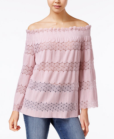 Say What? Juniors' Off-The-Shoulder Lace-Stripe Top