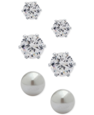 image of Anne Klein 3-Pc. Set Crystal and Imitation Pearl Stud Earrings