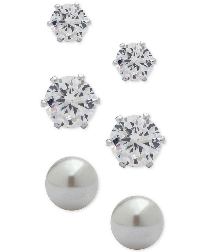 Anne Klein - 3-Pc. Set Crystal and Imitation Pearl Stud Earrings