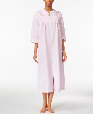 Miss Elaine - Smocked Seersucker Zip-Front Long Robe