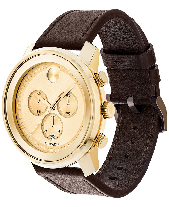 Movado Men's Swiss Chronograph Bold Brown Leather Strap Watch 44mm