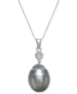 image of Cultured Black Tahitian Pearl (12 mm) and Diamond Accent Pendant Necklace in 14k White Gold