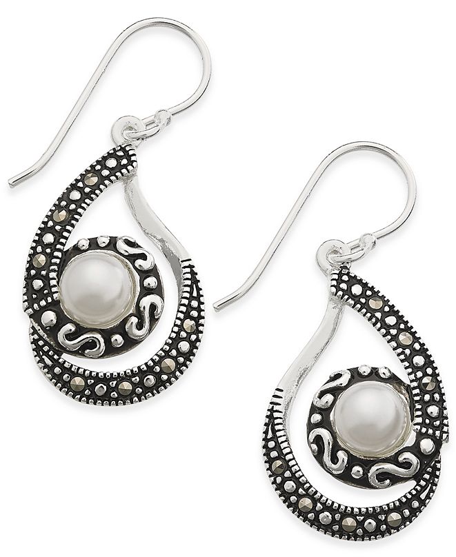 Macy's Marcasite & Imitation Pearl Swirl Drop Earrings in SilverPlate