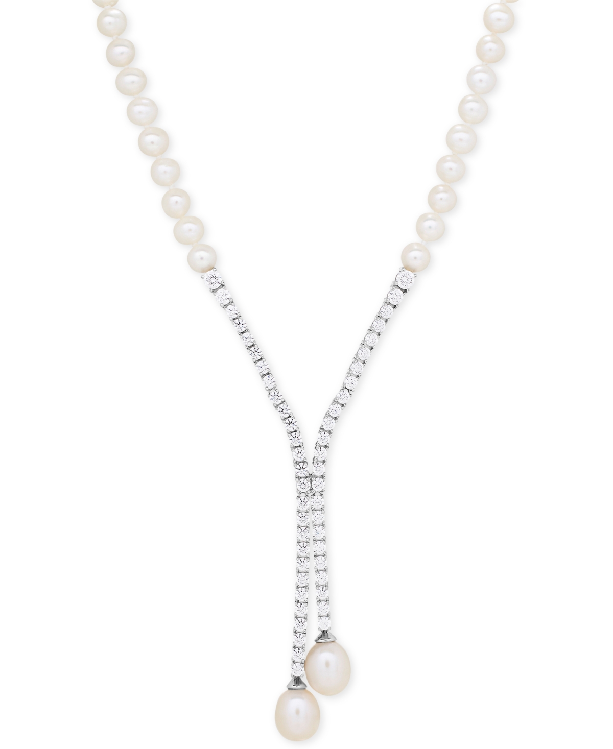 Cultured Freshwater Pearl (5mm & 10 x 8mm) & Cubic Zirconia Lariat Necklace in Sterling Silver, Created for Macy's - Silver