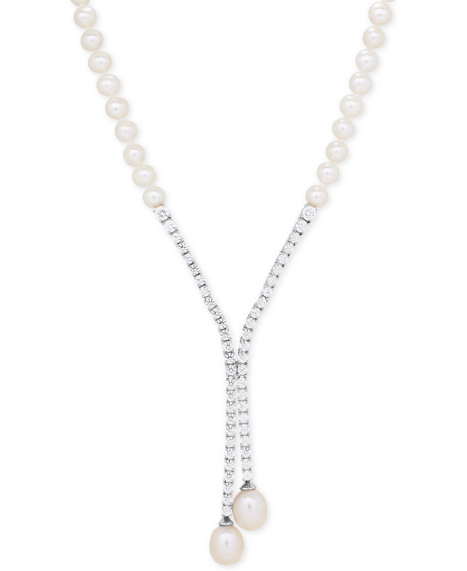 Cultured Freshwater Pearl (5mm & 10 x 8mm) & Cubic Zirconia Lariat Necklace in Sterling Silver