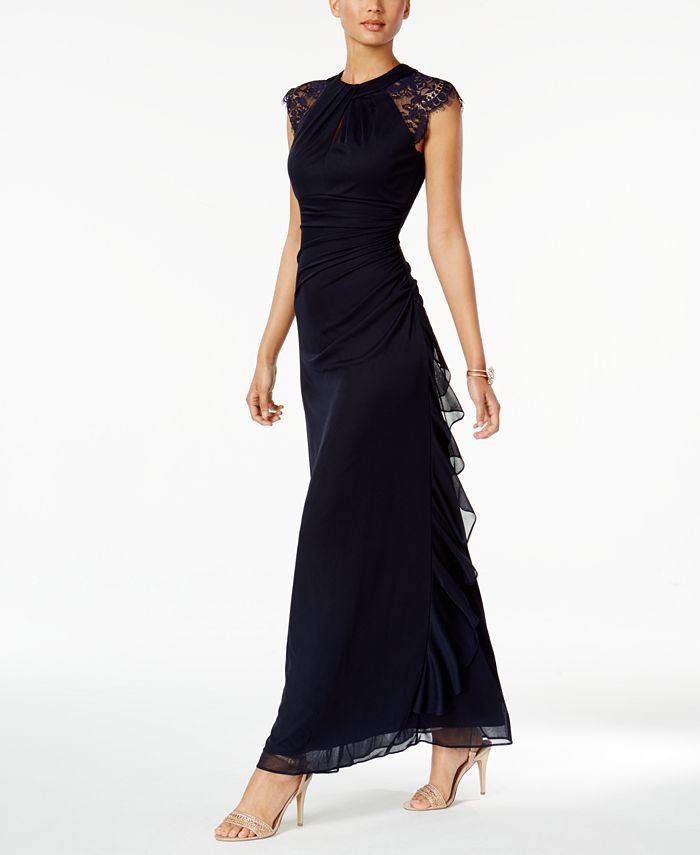 Betsy & Adam B&A by Betsy and Adam Ruched Lace-Trim Gown - Macy's